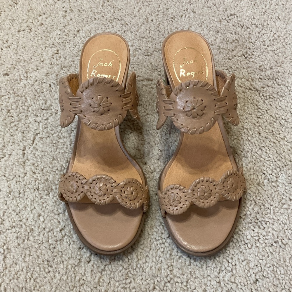 New Jack Rogers Lauren Mid Heel Nude Tan Buff Sands Wood Leather 6.5